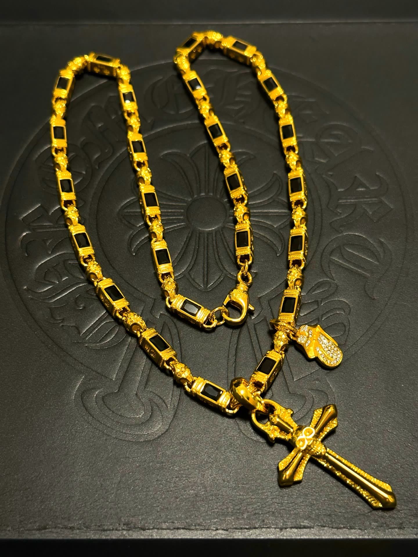 Chrome Hearts Gold Cross Pendant Necklace with Black Stones